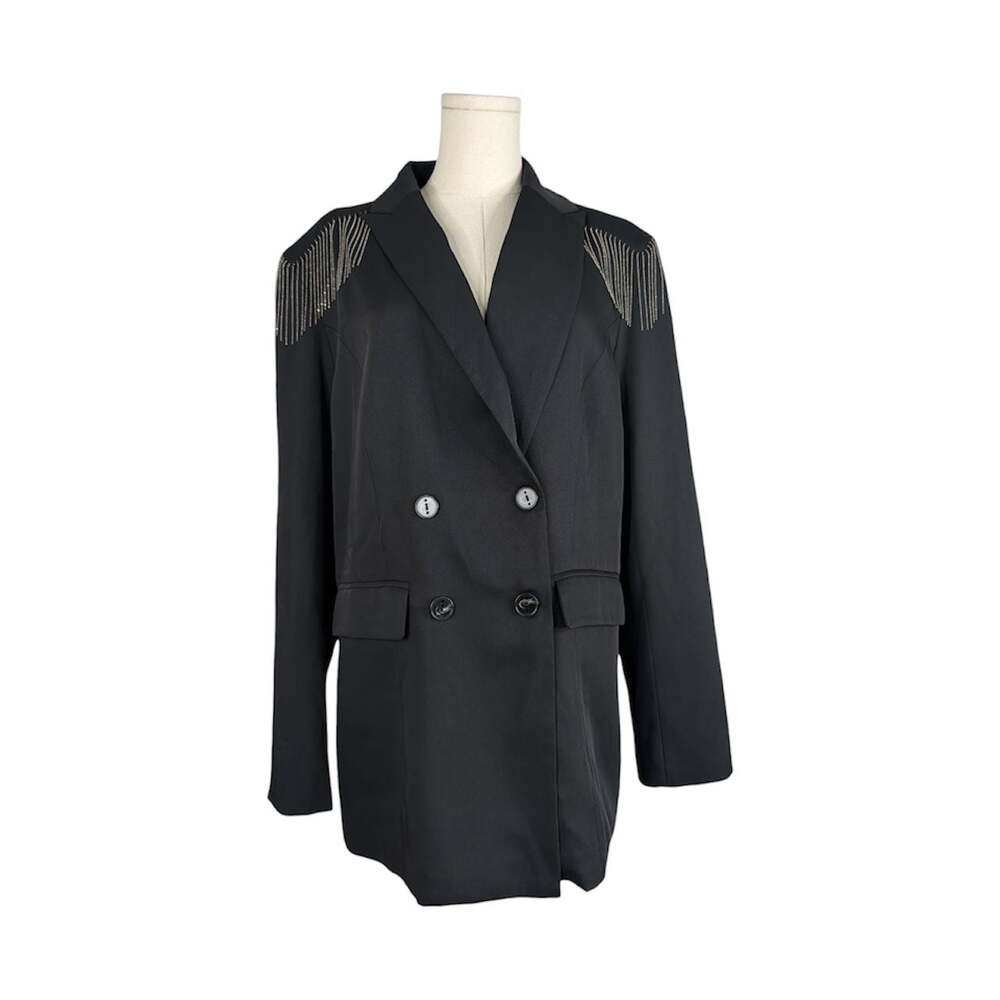 Black Double-Breasted Blazer with Silver Shoulder Fringe Detailing, Size L